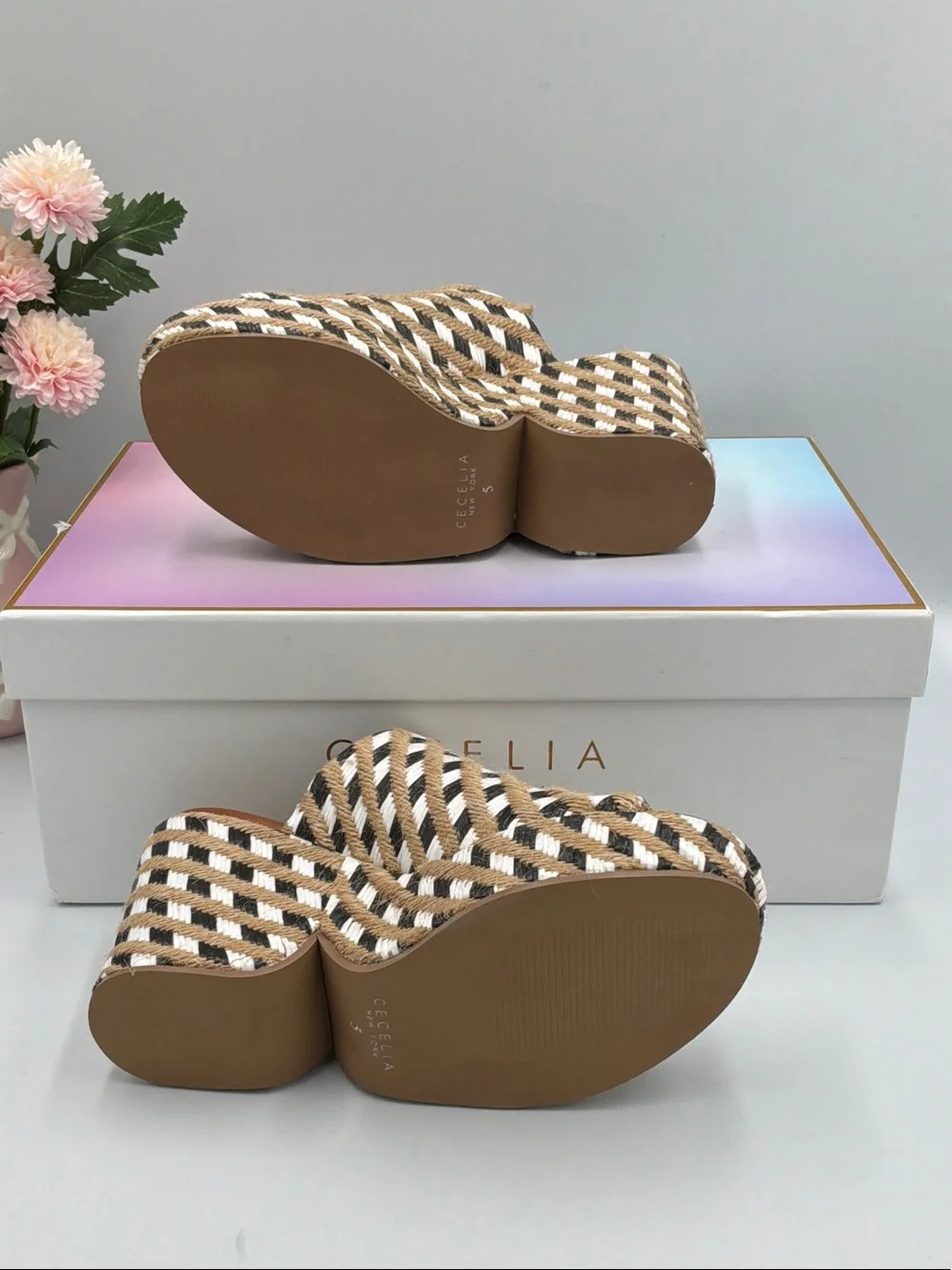 CECELIA NEW YORK Brown & White Woven Platform Mules